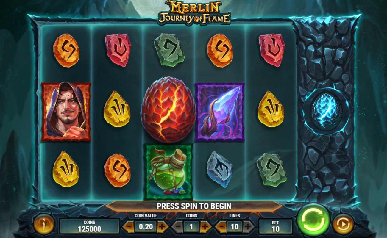 Merlin Journey of Flame online slot with colorful symbols against a stone-like reel.