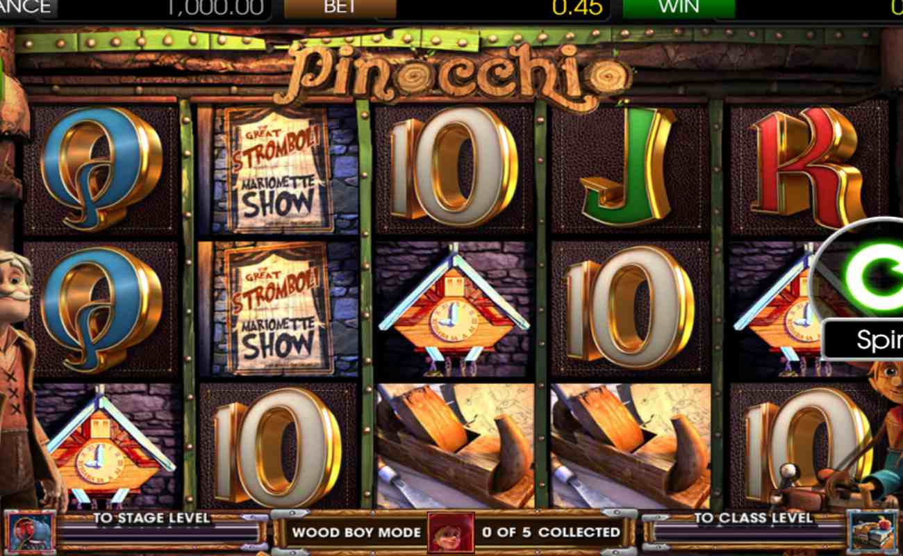 Pinocchio’s Fortune online slot with wooden symbols on the reels.