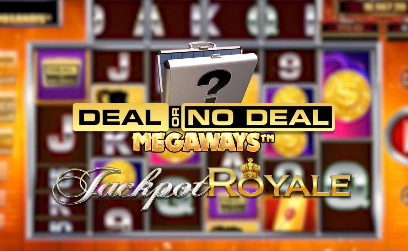 The logo for the Deal or No Deal Megaways Jackpot Royale slot game with a silver briefcase marked with a question mark behind it; the background is an out-of-focus view of the game’s slot reels. 