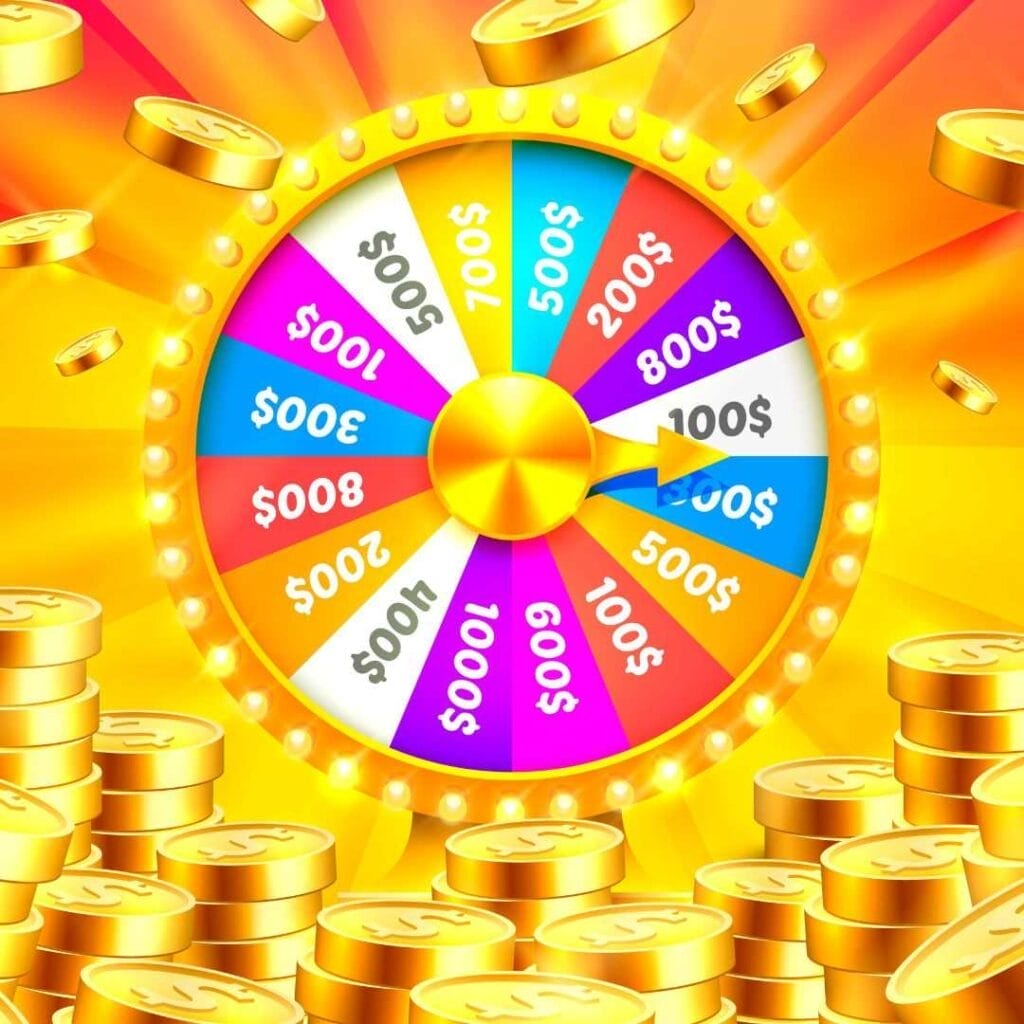 A vector image featuring stacks of gold coins and a classic game-show-style wheel with cash values on it, on a gold background.
