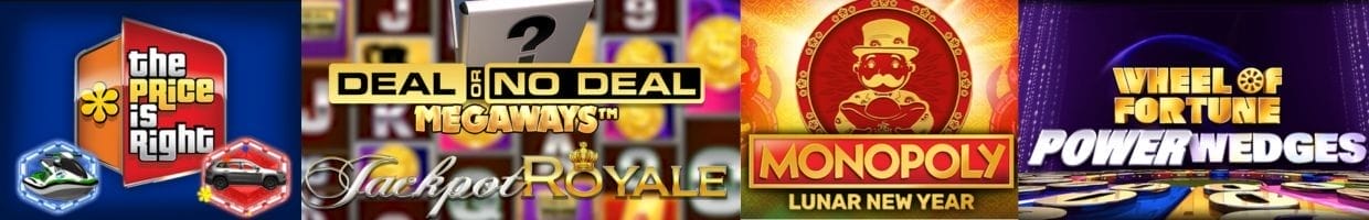 A banner image showing the logos of four of the game show-themed slots available at Borgata Online: The Price Is Right, Deal or No Deal Megaways Jackpot Royale, Monopoly Lunar New Year, and Wheel of Fortune Power Wedges.