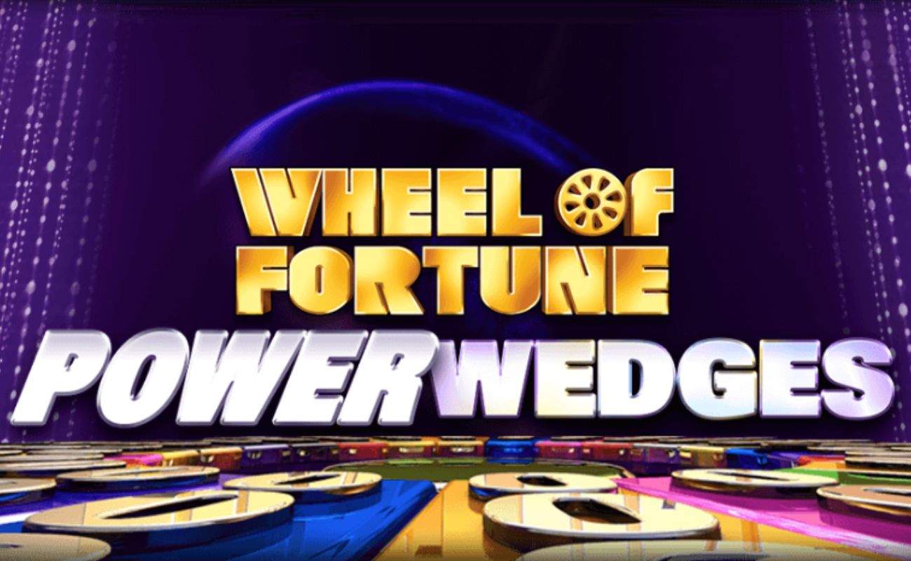 The logo for the Wheel of Fortune Power Wedges game show-themed slot above a wheel of fortune that is lying flat; The blue background is framed by rows of lights on the left and right sides of the image.