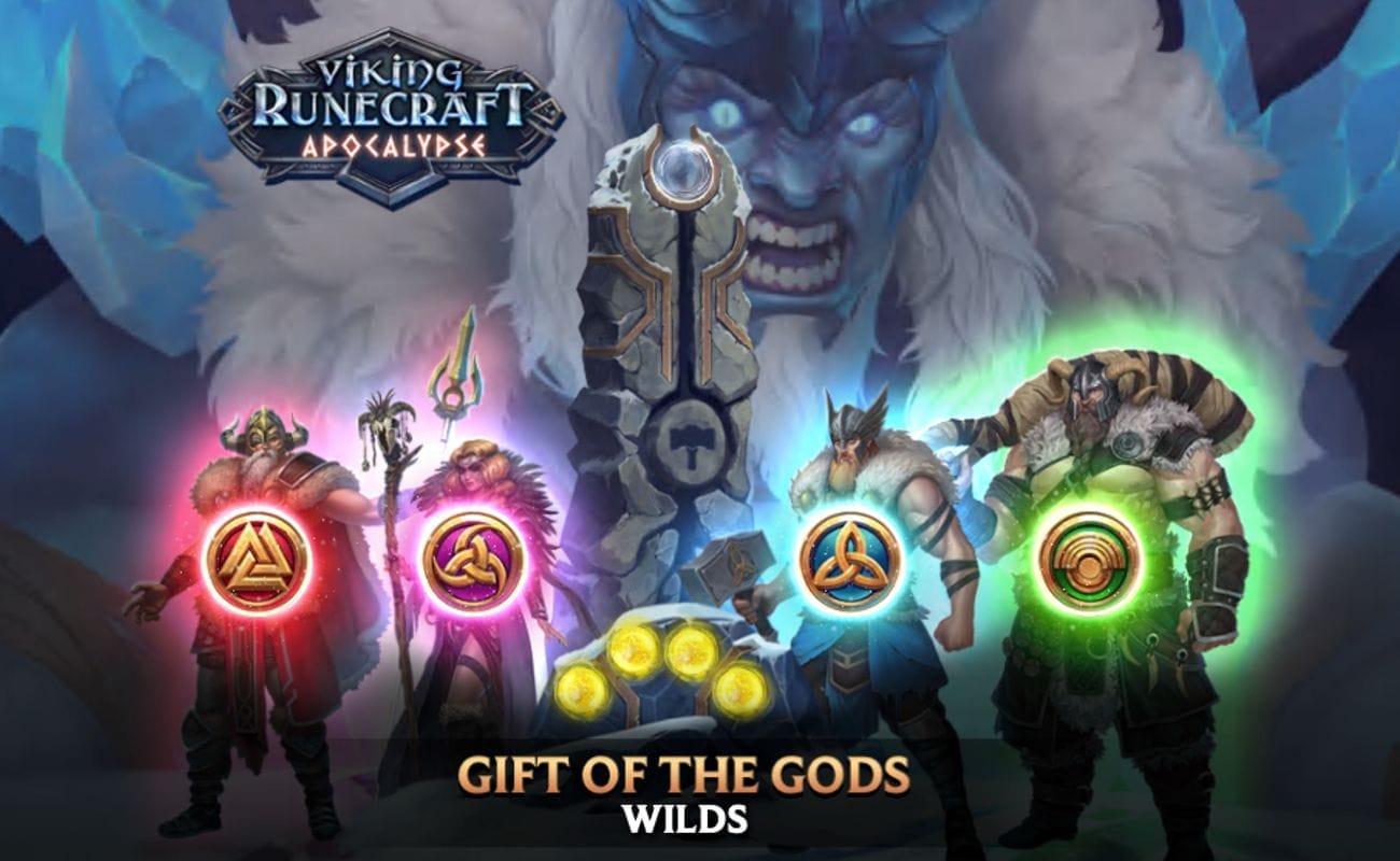 The Viking Runecraft Apocalypse online slot loading screen, featuring four Viking gods with colorful symbols on their chests against the background of an angry Viking god.