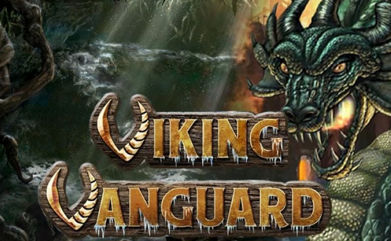 The Viking Vanguard online slot loading screen, featuring a dark green dragon in a cave alongside the title name, which is displayed on wooden boards with ice hanging off the letters.