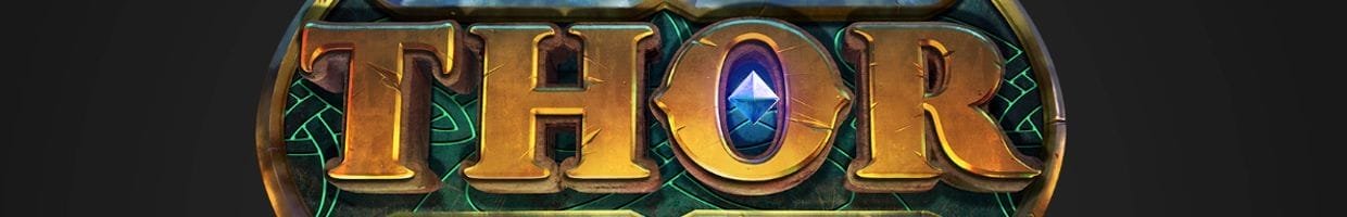 An online slot with the title “THOR” in bold and stone-like graphics with a sparkling gemstone in the letter “O.”