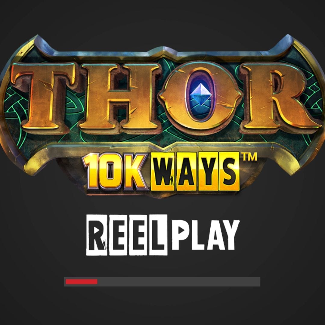 An online slot with the title “THOR” in bold and stone-like graphics with a sparkling gemstone in the letter “O.”