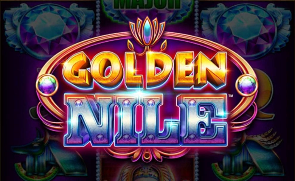 The Golden Nile slot logo against a faded background of the game’s slot reels where you can vaguely see some of the game’s symbols, including Anubis and jewels.