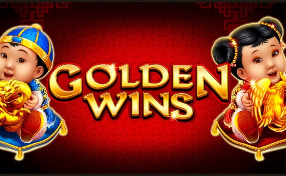 The logo for the Golden Wins slot game and two baby characters from the game, one holding a dragon and one holding a phoenix statue, on a red background with vague patterned details.