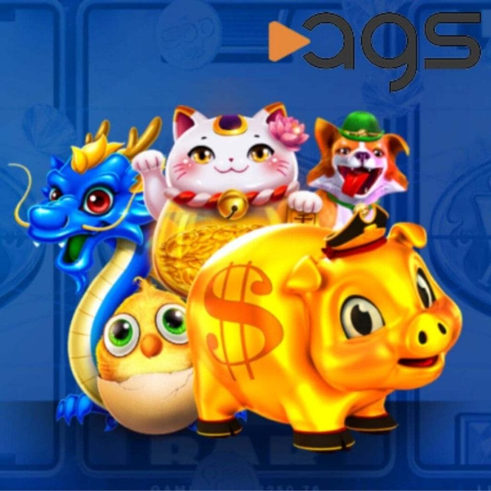 Some popular characters from AGS slot games, including the golden pig from the Rakin’ Bacon slots, against a blue background with the AGS logo in the corner.