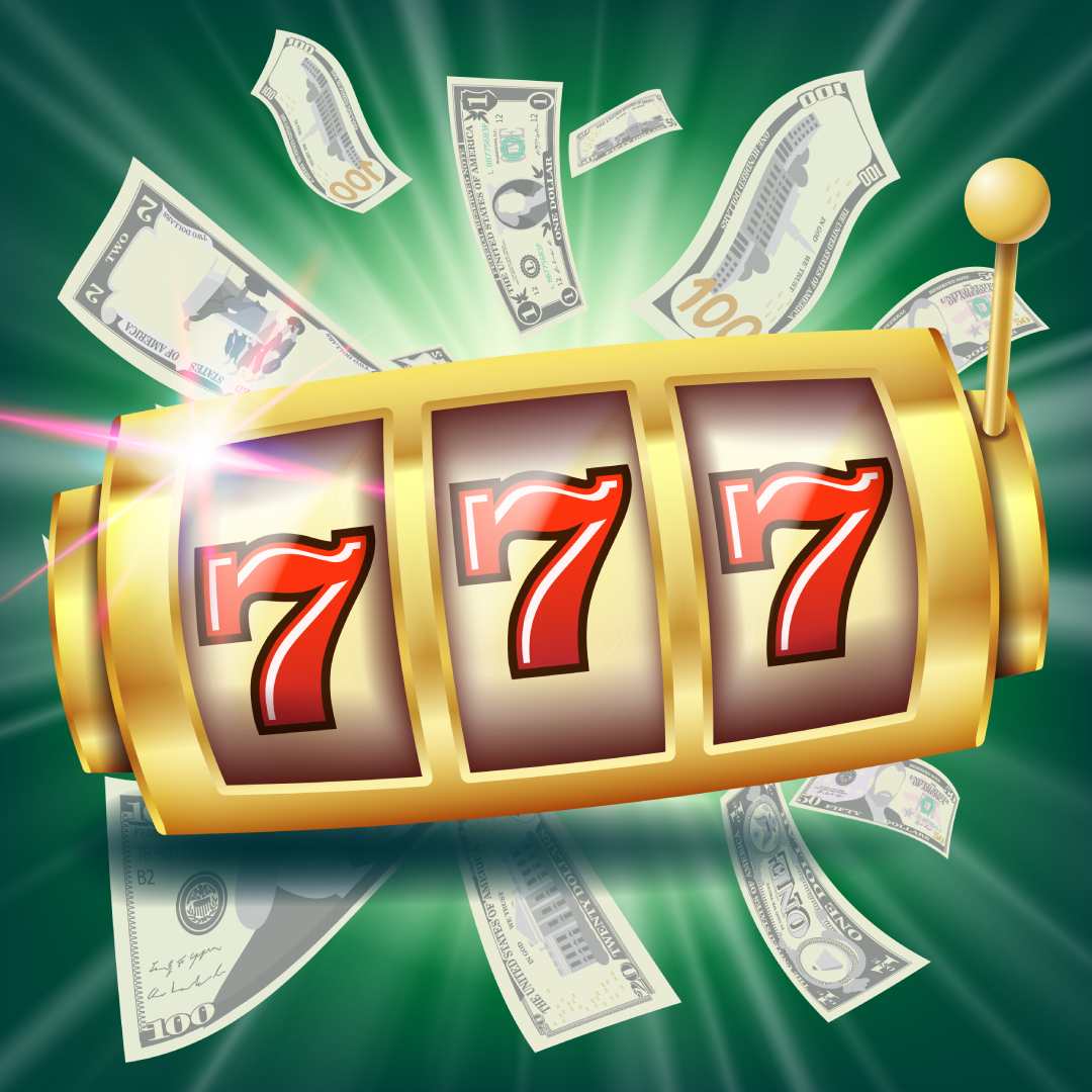 Golden reel with red 7s and American dollars against a green background.