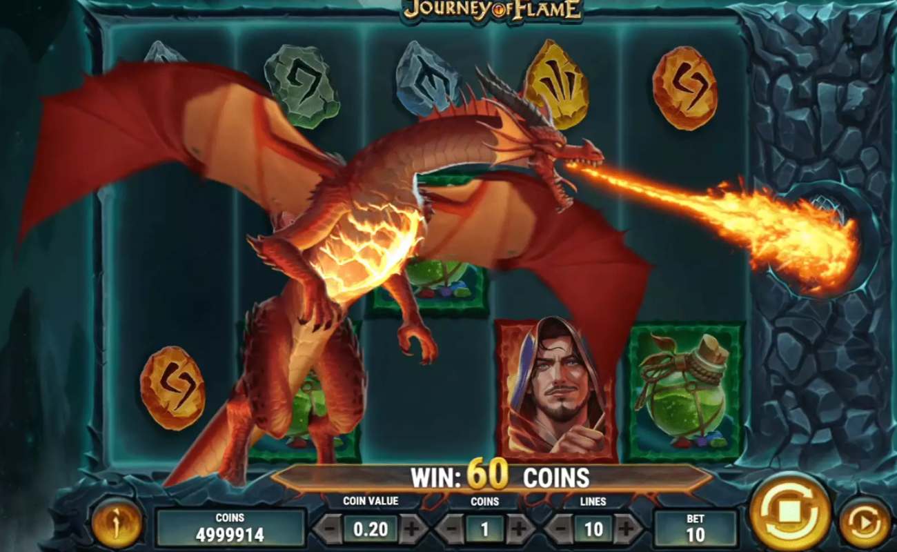 Merlin: Journey of Flame online slot with a fiery dragon across the stone reels.