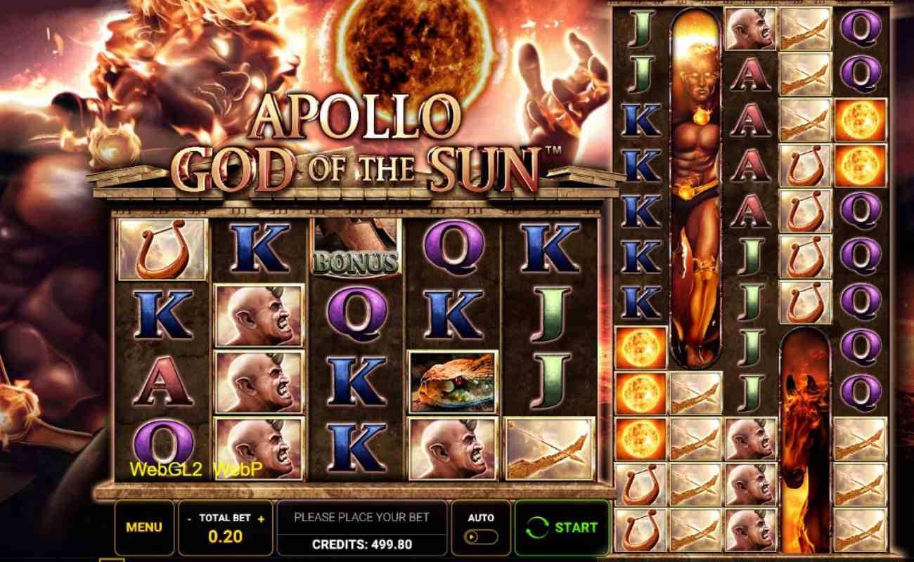 Screenshot of Apollo God of the Sun online slot game, showing game play, and slot symbols.