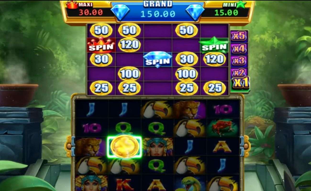 Screenshot of Bingo Staxx Amazon Fury online slot game, showing game play, and animal themed slot symbols.