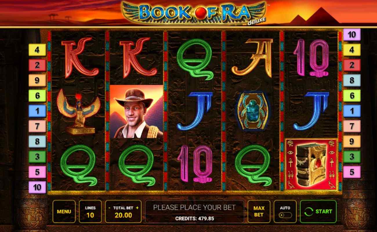 Screenshot of Book of Ra online slot game, showing game play, and Egyptian themed symbols.