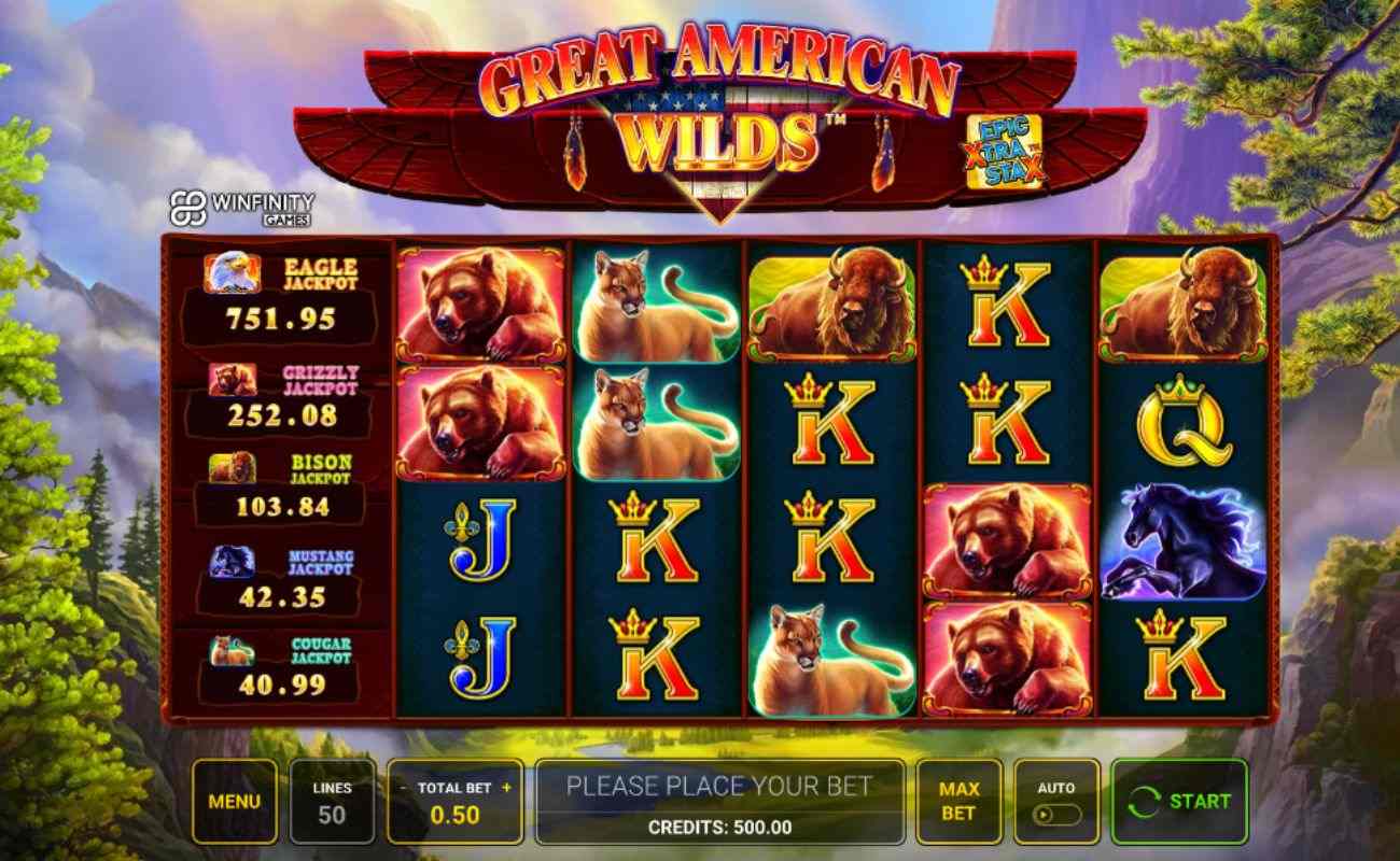 Screenshot of Great American Wilds online slot game, showing game play, and horse, bear, cougar, and bison slot symbols.
