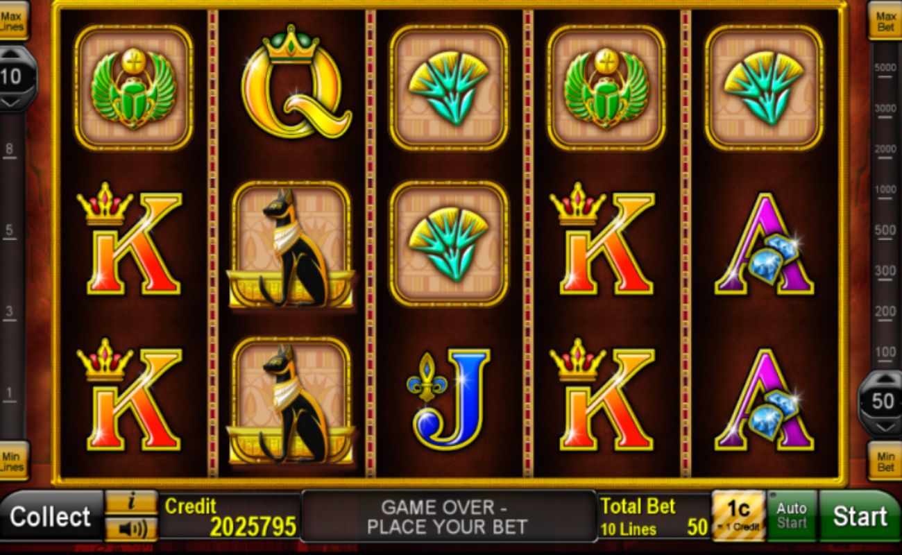 Screenshot of Rise of Tut Magic online slot game, showing game play and Egyptian themed slot symbols