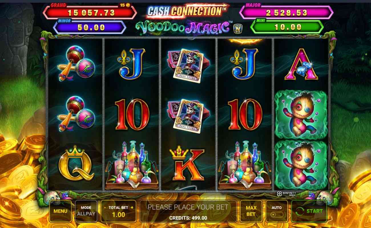 Screenshot of Thunder Cash Voodoo Magic online slot game, showing screenplay, and reels of voodoo themed slot symbols.