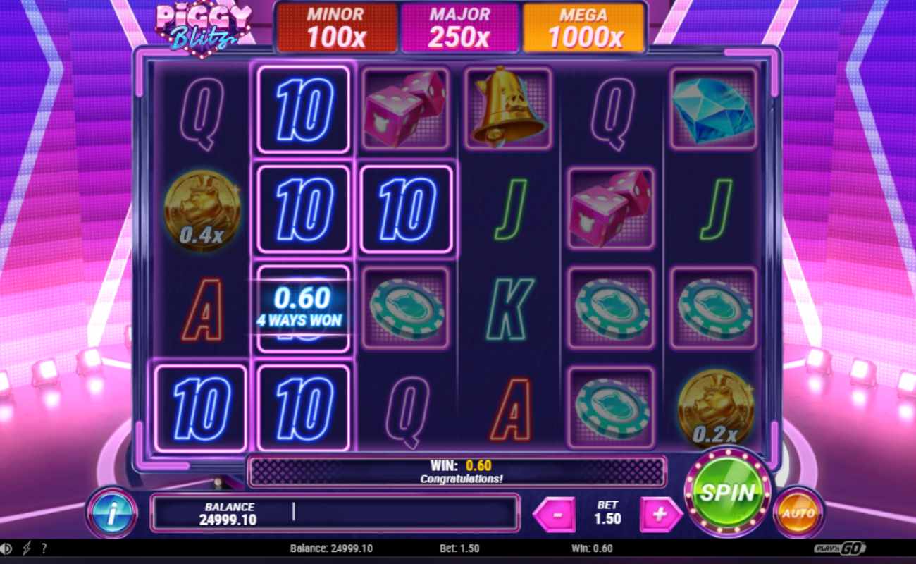 Piggy Blitz online slot with neon purple reels and the minor, major, and mega jackpot multipliers above the reels.