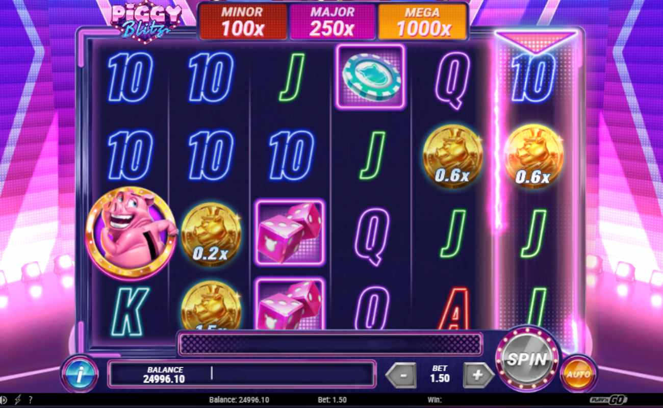 Piggy Blitz online slot with the minor, major, and mega jackpot prizes above the reels. The last reel on the right is lit up in pink. The reels are against a purple and blue stage.