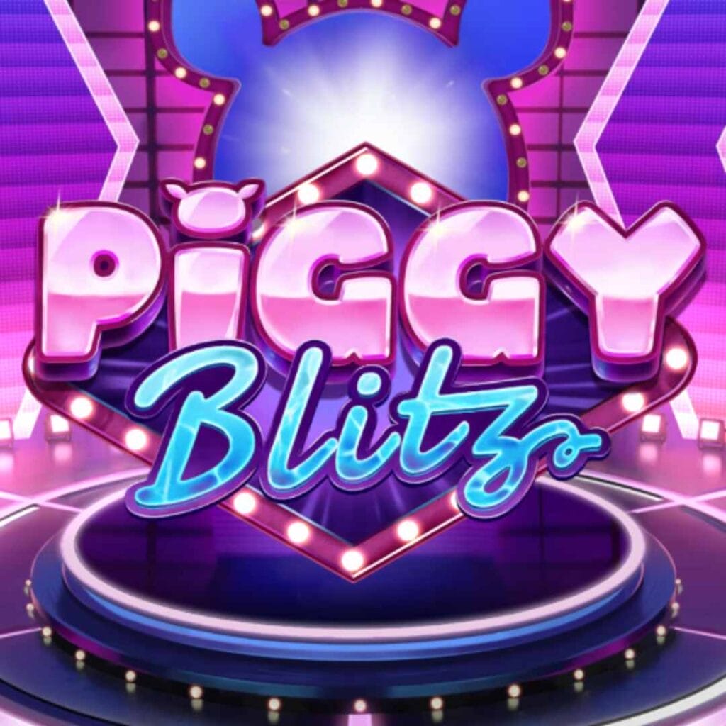 Piggy Blitz online slot title in blue and purple on a gameshow stage with lighting. Purple and blue hues dominate the screen.