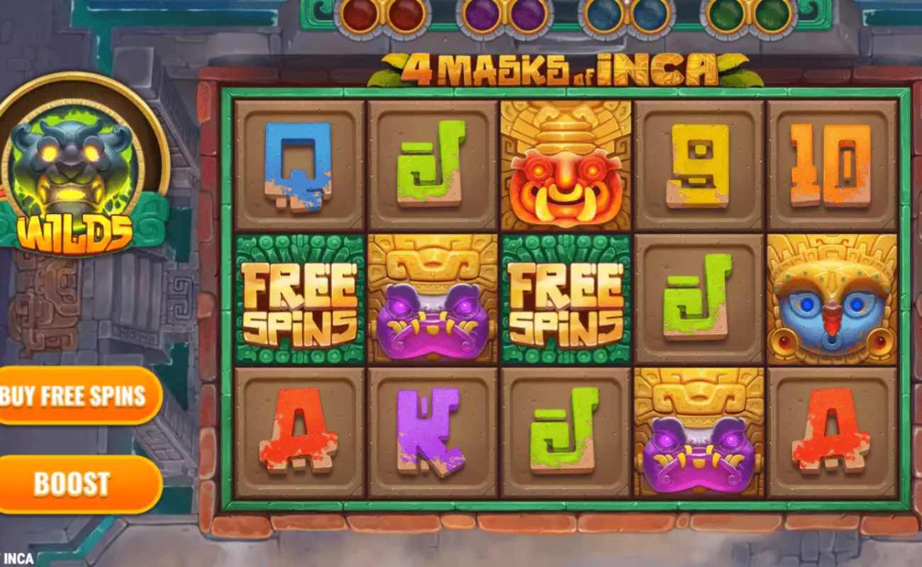 4 Masks of Inca slot with an Inca-inspired theme set in an Inca temple. Red, green, purple, and orange playing card symbols and Inca masks are set on brown-tiled reels.