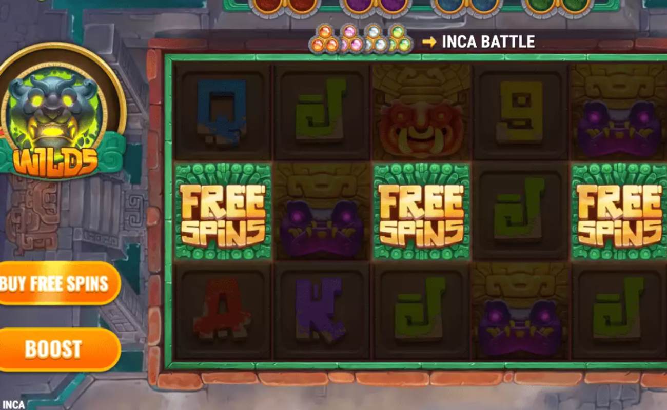 4 Masks of Inca online slot interface, with highlighted Free Spins scatter symbols within a brick frame. The black, green, and yellow wild puma symbol sits on the left-hand side of the reels.