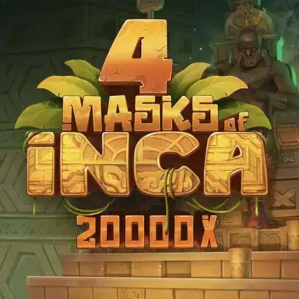4 Masks of Inca online slot logo designed with stone and set in an Inca temple with an elaborate statue in the background.