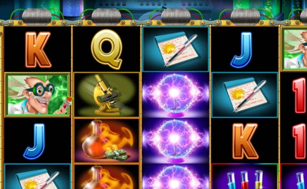 Professor Big Win online slot with colorful playing card symbols K, Q, and J, colorful vials, and a jar filled with money on a black reel.