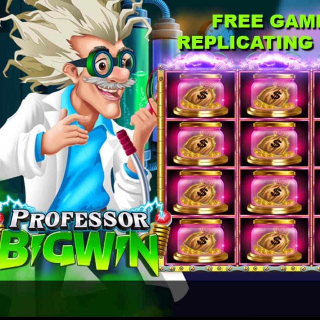 Professor Big Win online slot loading screen with the professor holding a test tube and flask above the developer’s logo against a blue and black screen.