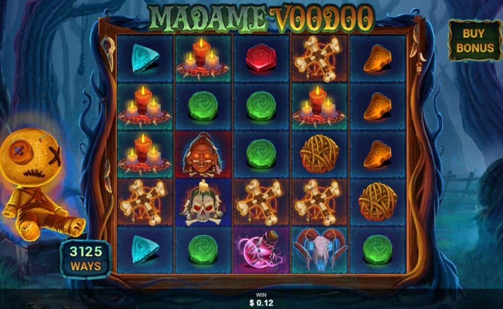 Madame Voodoo online slot screen with a glowing voodoo doll on the left-hand side of the spooky reels. The grid is outlined with tree branches and sits in front of a nighttime forest scene. A voodoo doll can be seen on the left of the reels. A box displaying the number of ways to win is just below the voodoo doll. In the top right-hand corner is a box with the words “Buy Bonus.”