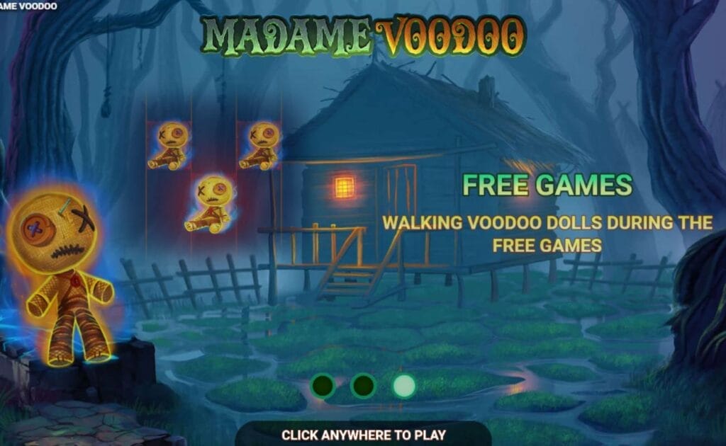 Madame Voodoo online slot depicting a spooky wooden house in a swamp setting with four voodoo dolls and the Free Games feature is shown.