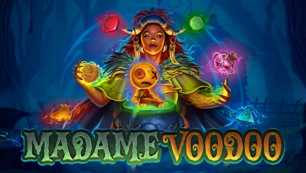 Madame Voodoo is an online slot title featuring a woman juggling potions and a voodoo doll floating on a cauldron against a spooky background.