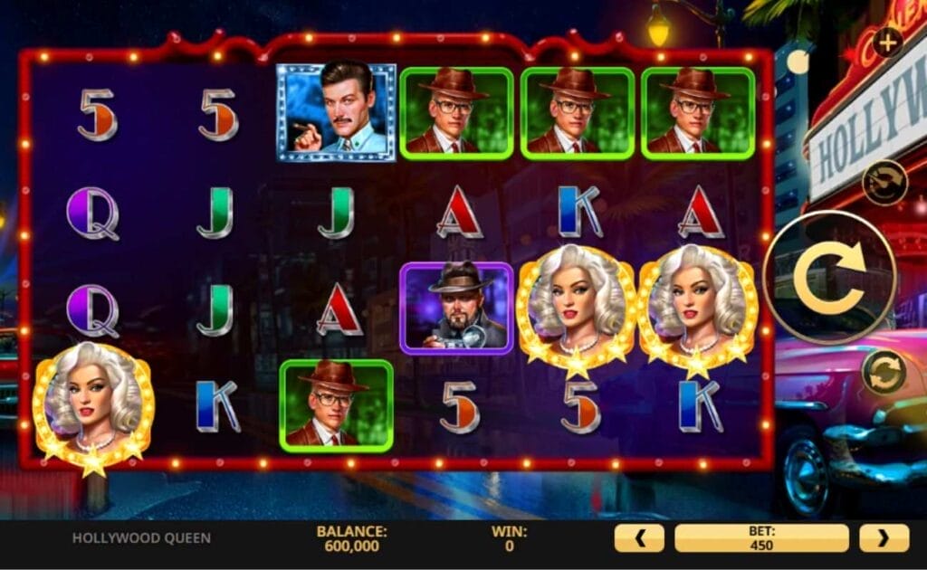 Screenshot of the Hollywood Queen online slot game, showing gameplay, and a blonde actress, an actor in brown, an actor in blue, and a camera man as slot symbols.