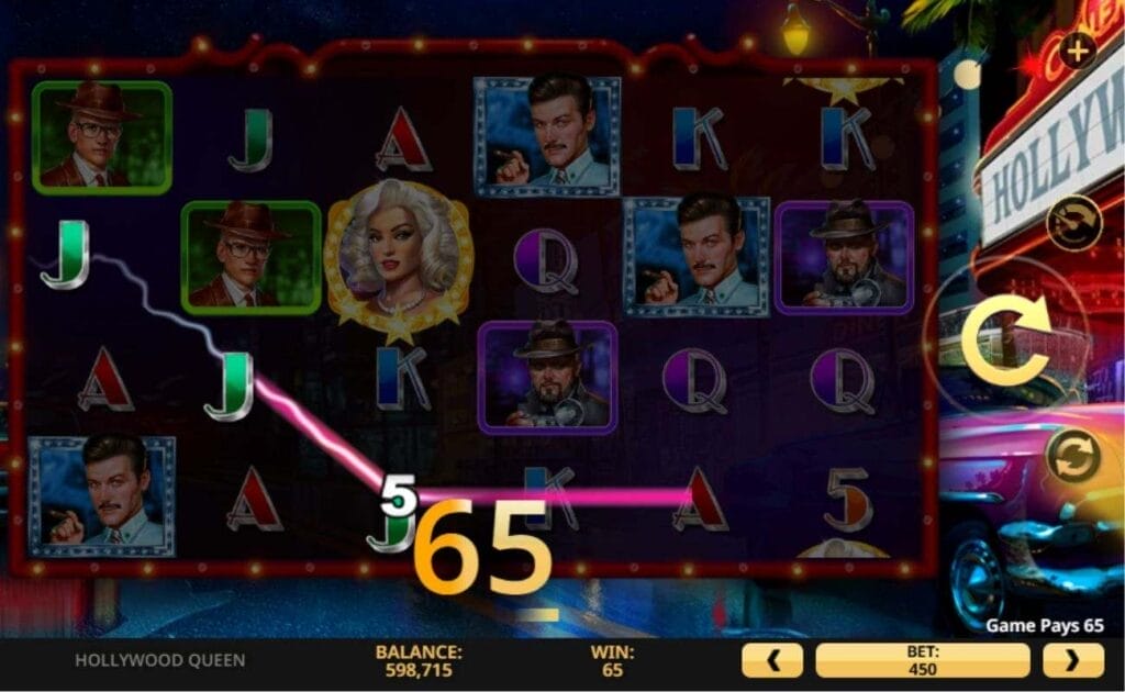 Screenshot of the Hollywood Queen online slot game, showing a $65 win.