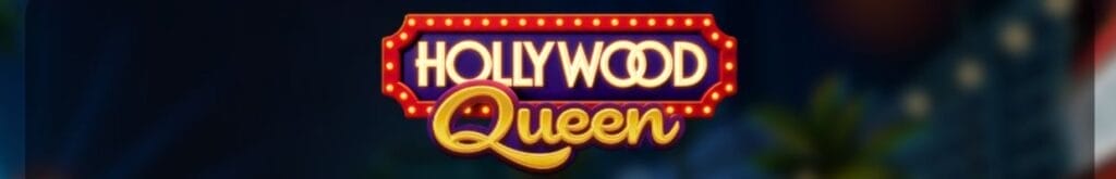 Hollywood Queen online slot game logo, on a blurred background.
