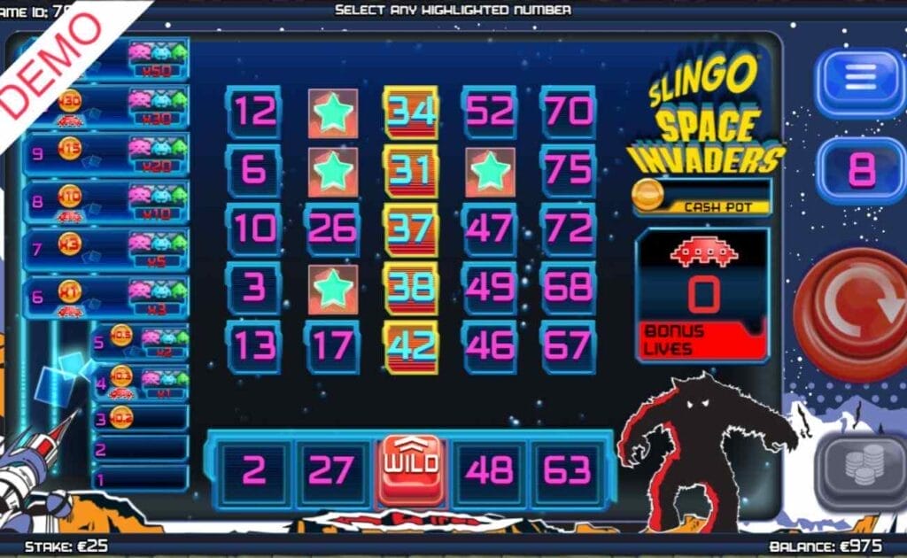  Screenshot of the Slingo Space Invaders online casino demo game, showing gameplay, and the layout, with a vintage theme, featuring a wild symbol, and an alien. 