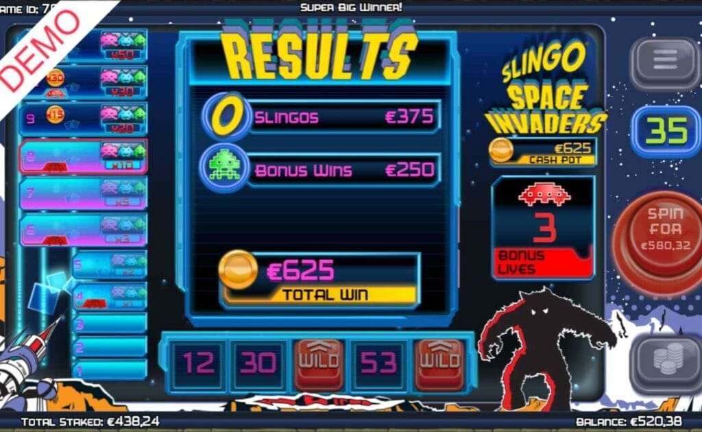 Screenshot of the Slingo Space Invaders online casino game, showing the wins from the Slingo game, and the bonus wins. 