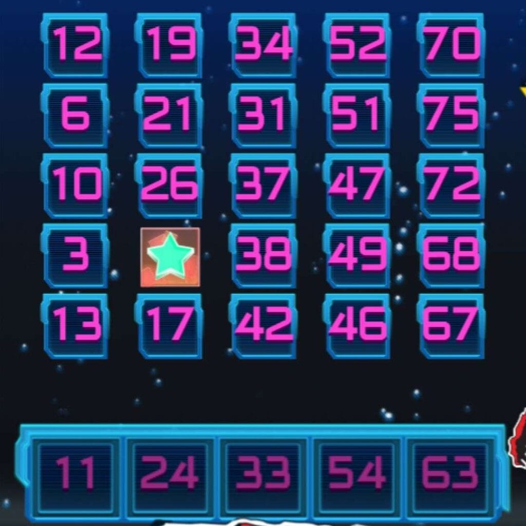 Screenshot of the Slingo Space Invaders online casino game, showing the Slingo grid.