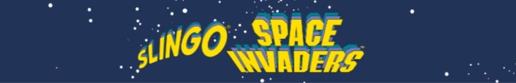 The Slingo Space Invaders logo on a blue space-like background.