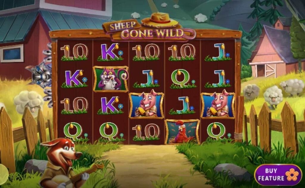 Screenshot of the Sheep Gone Wild online slot game, showing gameplay, with pigs, squirrel, and chicken slot symbols, with a farm setting background. 