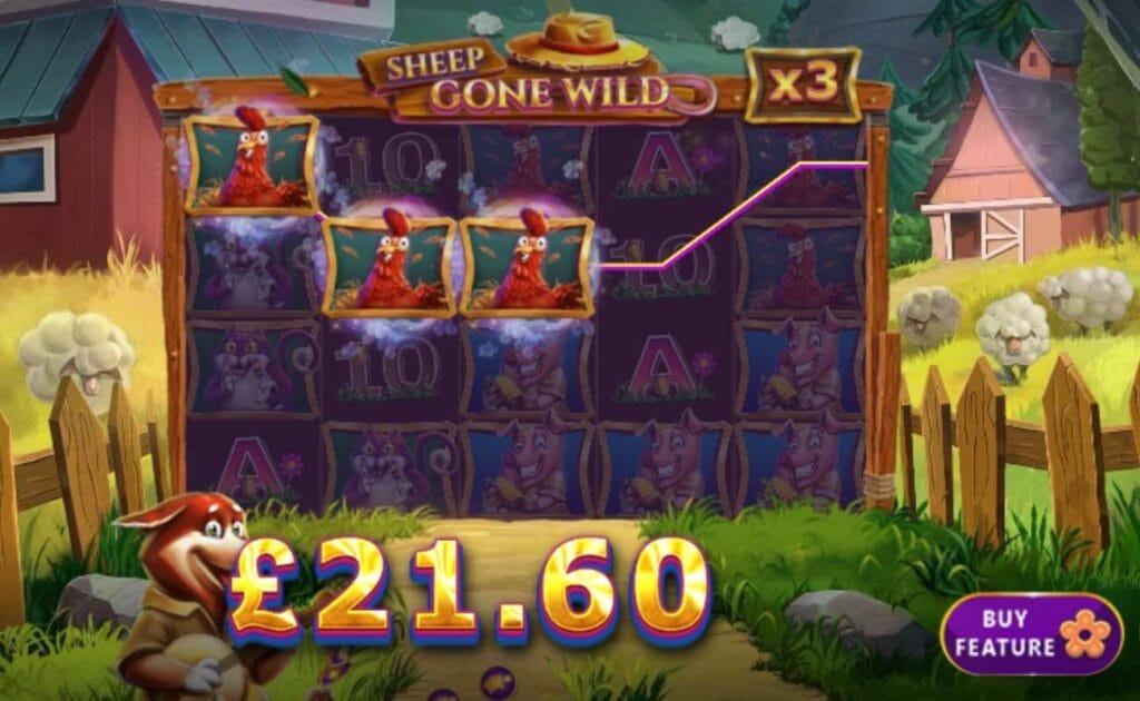 Screenshot from the Sheep Gone Wild online slot game, showing a £21.60 win. 