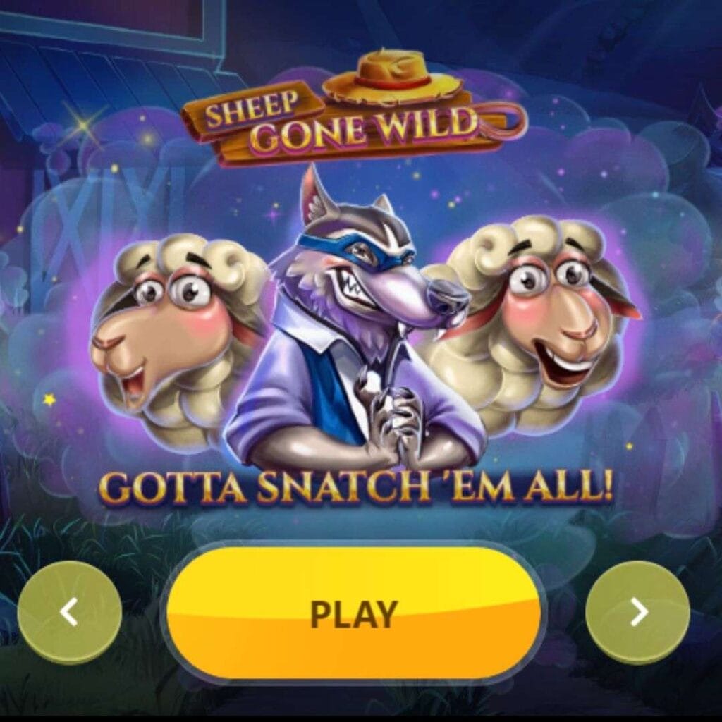 Sheep Gone Wild online slot game loading screen, showing a wolf and two sheep, the game logo, and a yellow “PLAY” button.