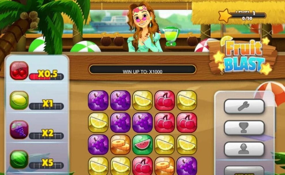 A screenshot of Fruit Blast. A cartoon bartender stands ready at a bar above the reels. The reels are filled with a variety of fruit symbols. The bonus fruit meters are on the left of the reels, and the slot options are on the right of the reels.
