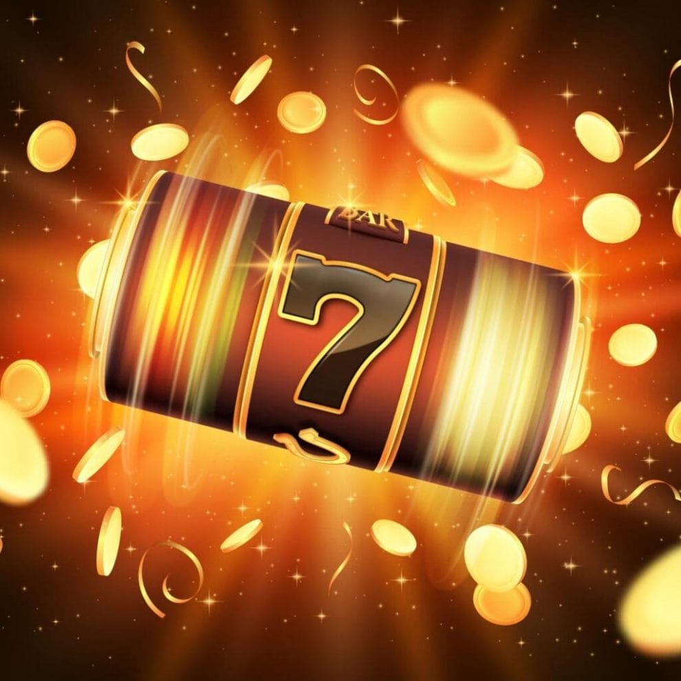 A black and gold spinning slot reel against a dark background. It has a single 7 on the reel and is surrounded by golden light and flying coins.