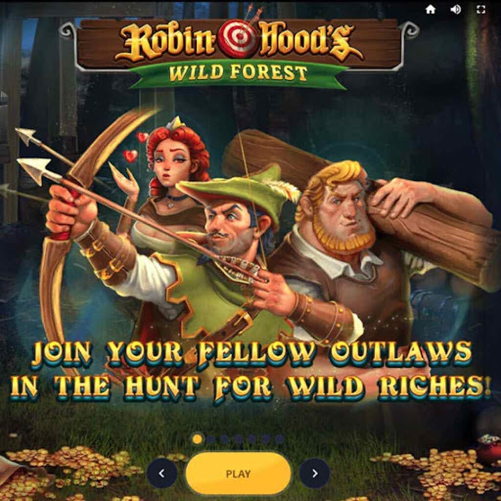 The Robin Hood’s Wild Forest online slot screen shows the Robin Hood character shooting a bow and arrow, while the woman blows hearts and another man holds up a log. The characters are placed against a nighttime background with gold on the floor.