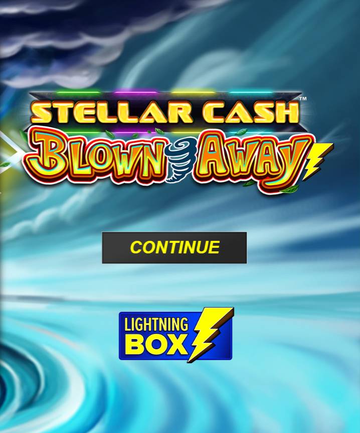 A screenshot of the Stellar Cash Blown Away loading screen with the game’s title and a section of the instructions. The game’s title is set against stormy ocean waters.