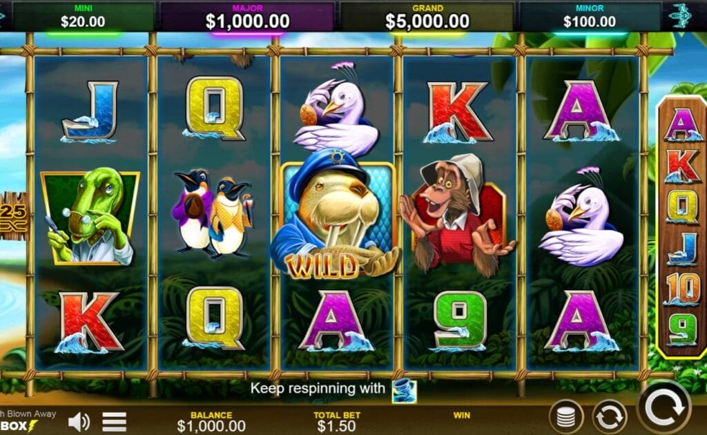 A screenshot of the reels in Stellar Cash Blown Away. The game is set in an island paradise with blue skies and oceans, bright yellow beaches, and lush jungle vegetation. The reels are framed with bamboo and filled with various symbols like the Walrus Captain wild, as well as high-value symbols like the dancing albatross and a lizard with glasses. The jackpots are listed above the reels.
