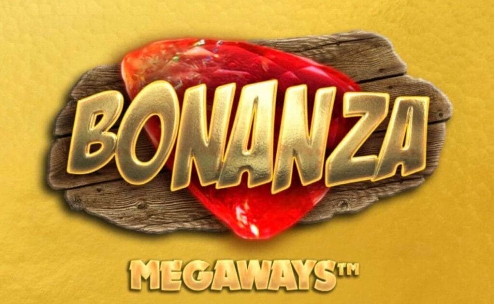 The Bonanza Megaways title screen, featuring the game’s logo on top of a huge red gem and wooden board, all on a yellow background. 