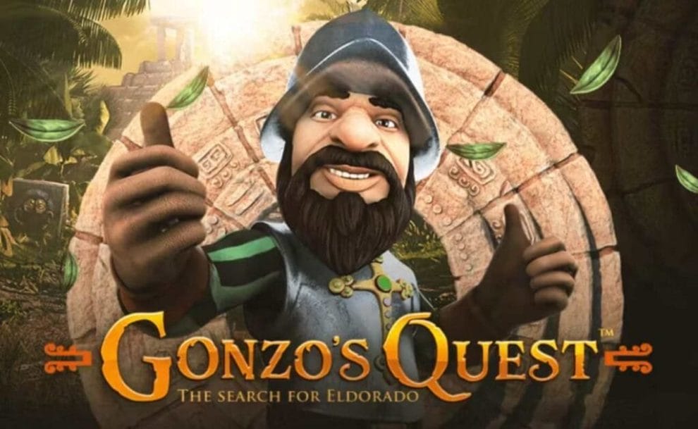 The Gonzo’s Quest slot game title screen, featuring Gonzo standing in front of an ancient tomb, smiling and holding both of his thumbs up.