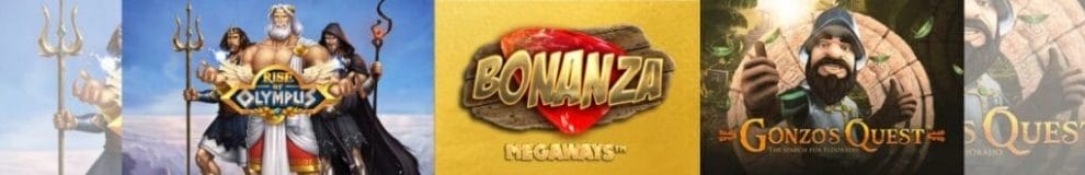 A banner image featuring the title screens for three popular cascading reels slots at Borgata Online: Rise of Olympus, Bonanza Megaways, and Gonzo’s Quest.